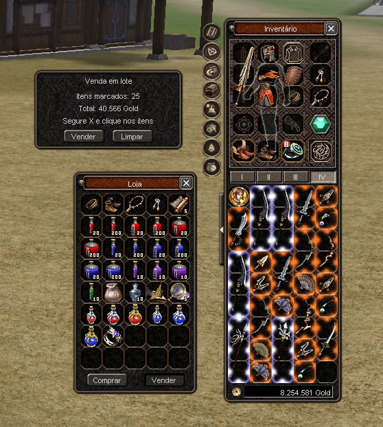Janela Venda em lote com 25 itens marcados e o total em gold, ao lado da loja do NPC e do inventário com os itens marcados