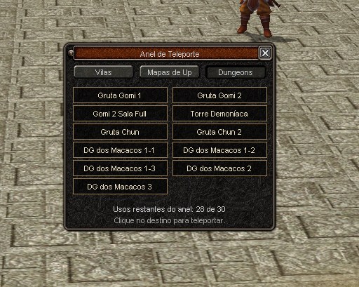 Janela do Anel de Teleporte na aba Dungeons, com Gruta Gomi 1 e 2, Gomi 2 Sala Full, Torre Demoníaca, Gruta Chun e Gruta Chun 2 e as DGs dos Macacos