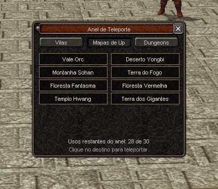 Janela do Anel de Teleporte na aba Mapas de Up, com Vale Orc, Deserto Yongbi, Montanha Sohan, Terra do Fogo, Floresta Fantasma, Floresta Vermelha, Templo Hwang e Terra dos Gigantes