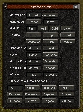 Janela Opções do jogo com a seção Filtro de coleta e os botões Armas, Flechas, Armaduras, Elmos, Escudos, Braceletes, Sapatos, Colares, Brincos, Cintos, Poções e Outros