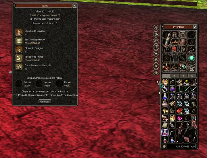 Janela da Buffi no jogo, com nível, skills aprendidas e espaços de equipamento