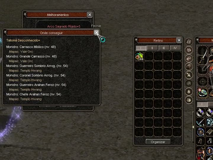 Janela Onde conseguir no jogo, listando os monstros e mapas que dropam um item